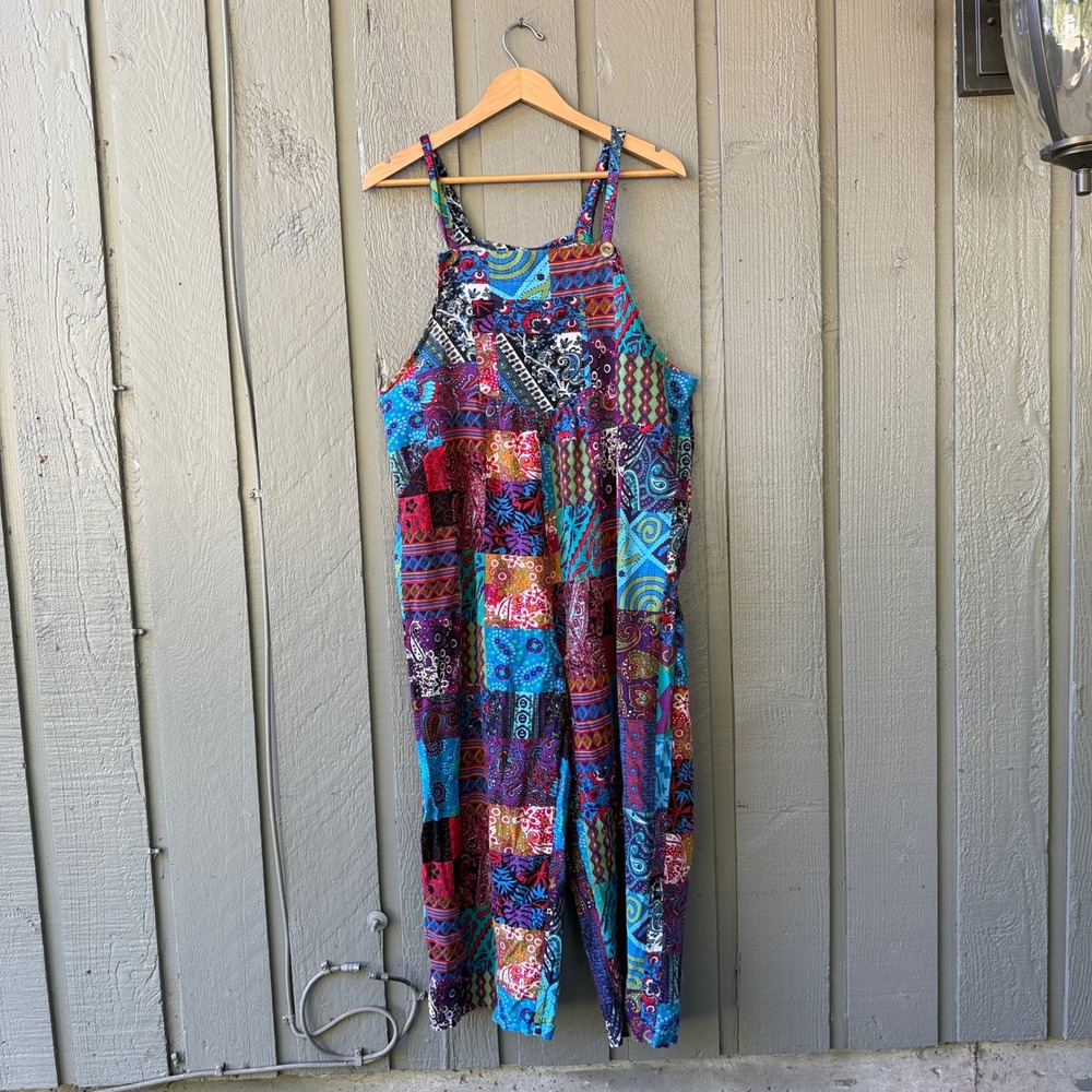 Patchwork Overalls Jumpsuit Womens 2XL Multi-Color Boho Festival Bib Trippy